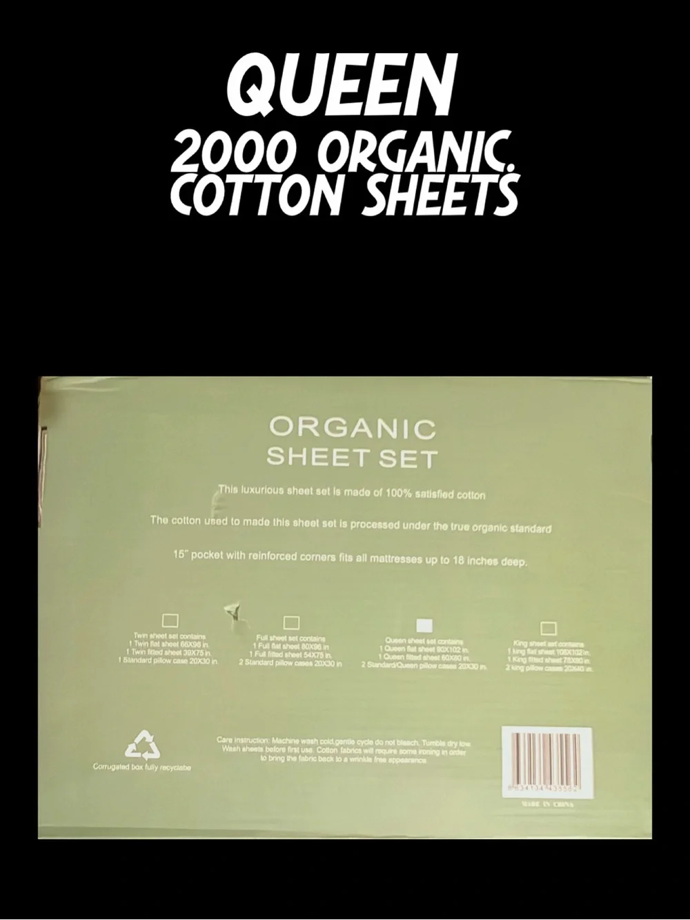NIB 4 PC 2000 ORGANIC COTTON SHEET SET - QUEEN